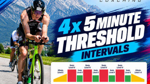 Triathlete Gerard cycling through an alpine landscape, featured in Coach Ray's 4x 5-Minute Threshold Intervals workout with four Level IV efforts and short Level II recoveries.