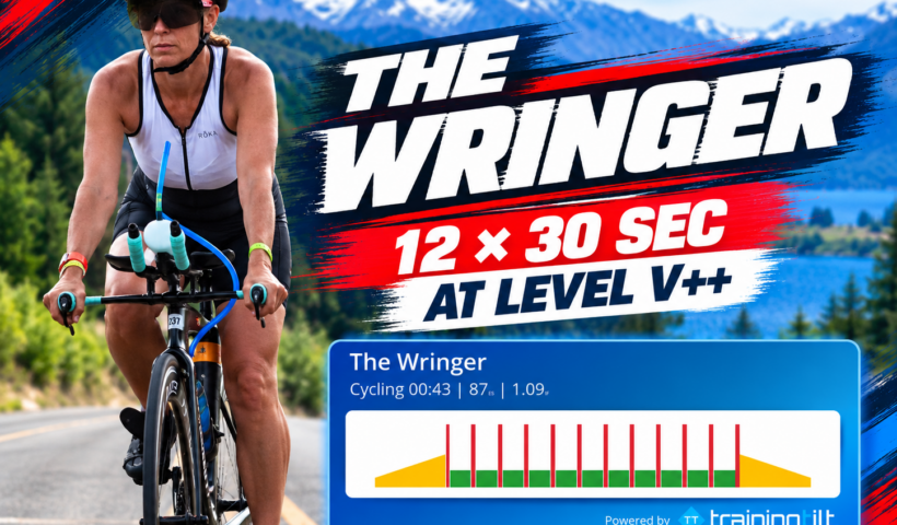 Female triathlete Koren cycling during a race, featured in The Wringer high-intensity indoor cycling workout with 12 × 30-second Level V++ intervals.