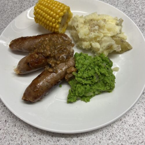 Chef Ray Sausages with Pea Purée and Onion Gravy Coach Ray Qwik