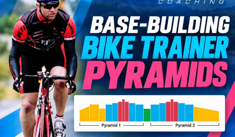 Coach Ray cycling in a road race alongside the Base-Building Bike Trainer Pyramids workout intensity chart, featuring two progressive cycling pyramids and Qwik Kiwi Coaching branding.