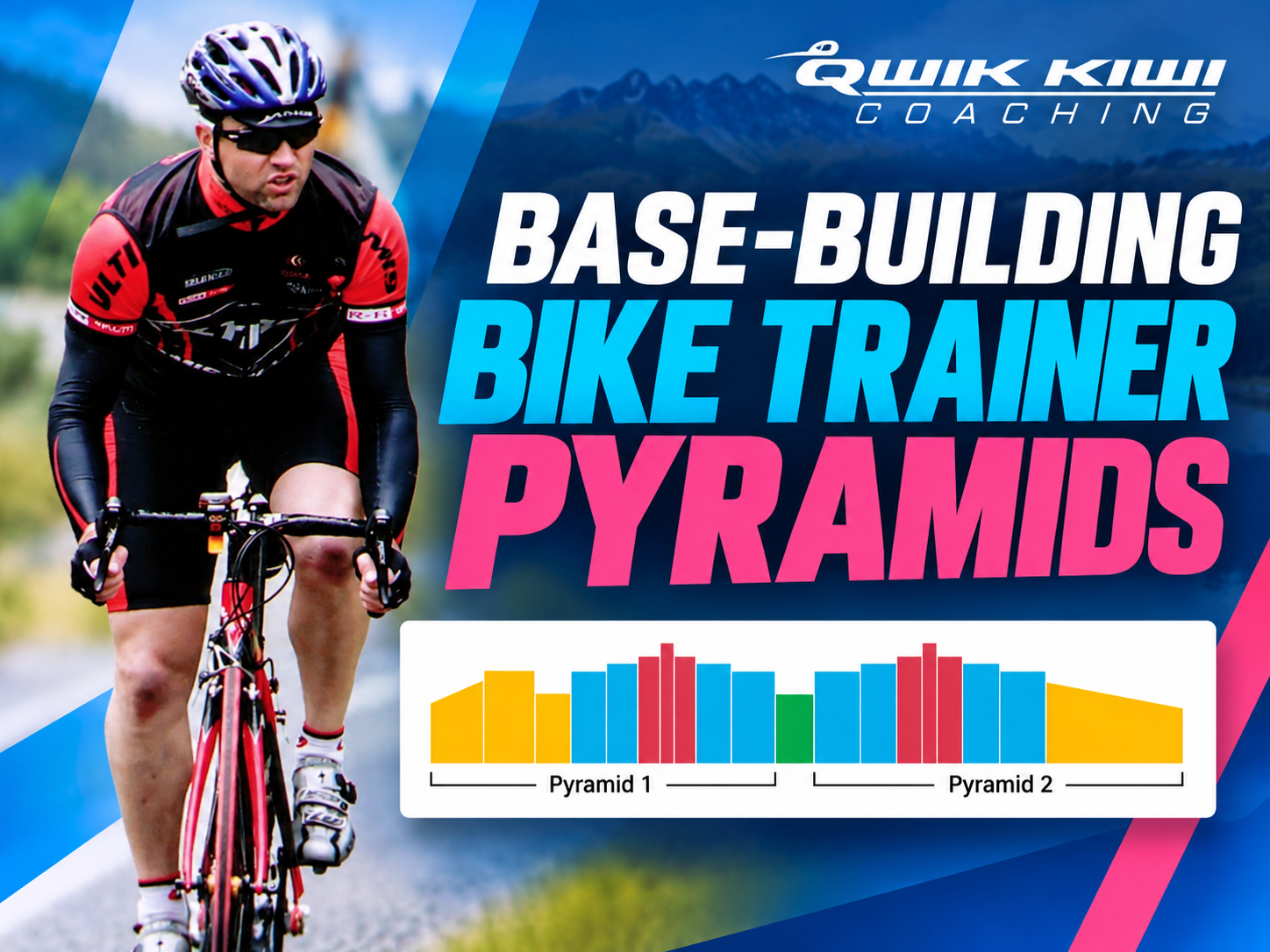 Coach Ray cycling in a road race alongside the Base-Building Bike Trainer Pyramids workout intensity chart, featuring two progressive cycling pyramids and Qwik Kiwi Coaching branding.