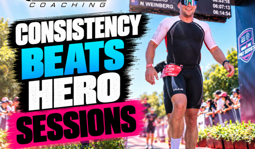 Triathlete Josh finishing an Ironman 70.3 – consistency beats hero sessions in Ironman training