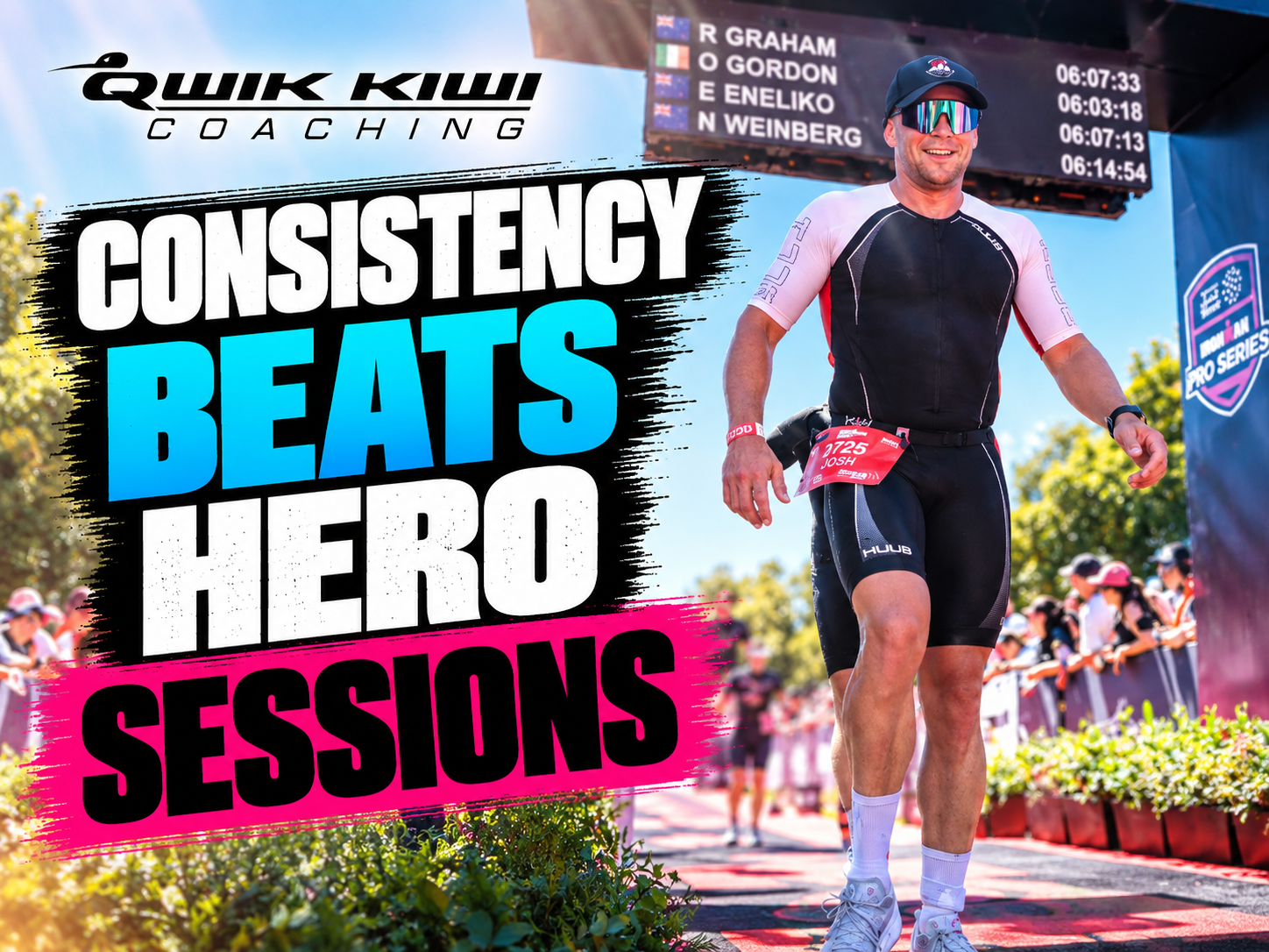 Triathlete Josh finishing an Ironman 70.3 – consistency beats hero sessions in Ironman training