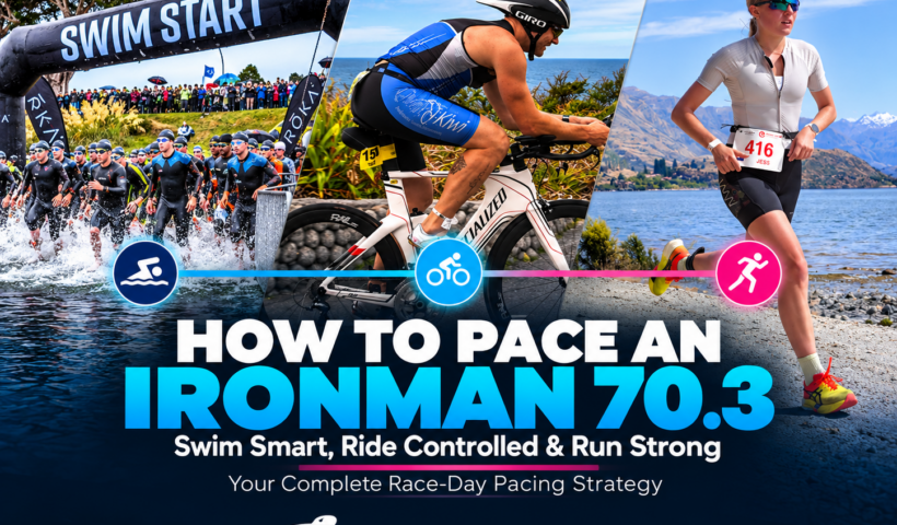 How to pace an Ironman 70.3 – triathletes swimming, cycling and running, illustrating Coach Ray's swim, bike and run pacing strategy.