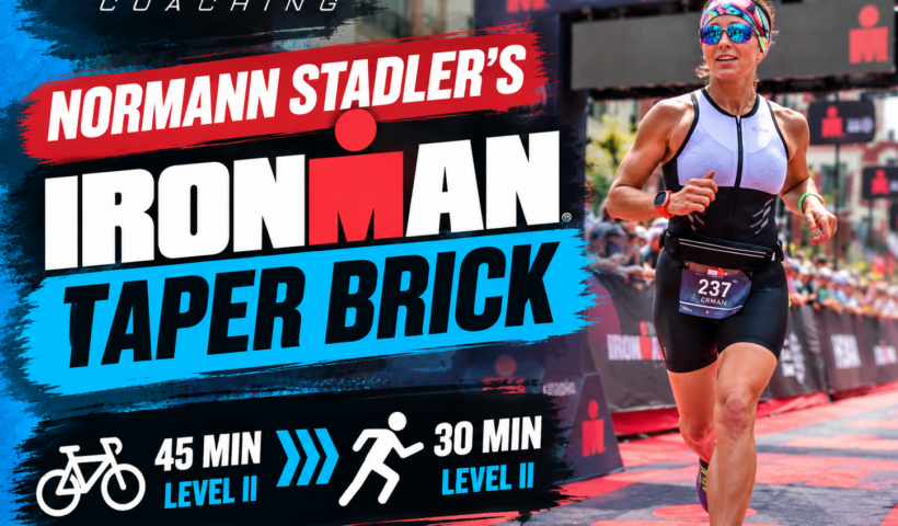 Normann Stadler’s Ironman Taper Brick workout featuring Koren running at an Ironman 70.3 event, with 45 minutes cycling and 30 minutes running at Level II.