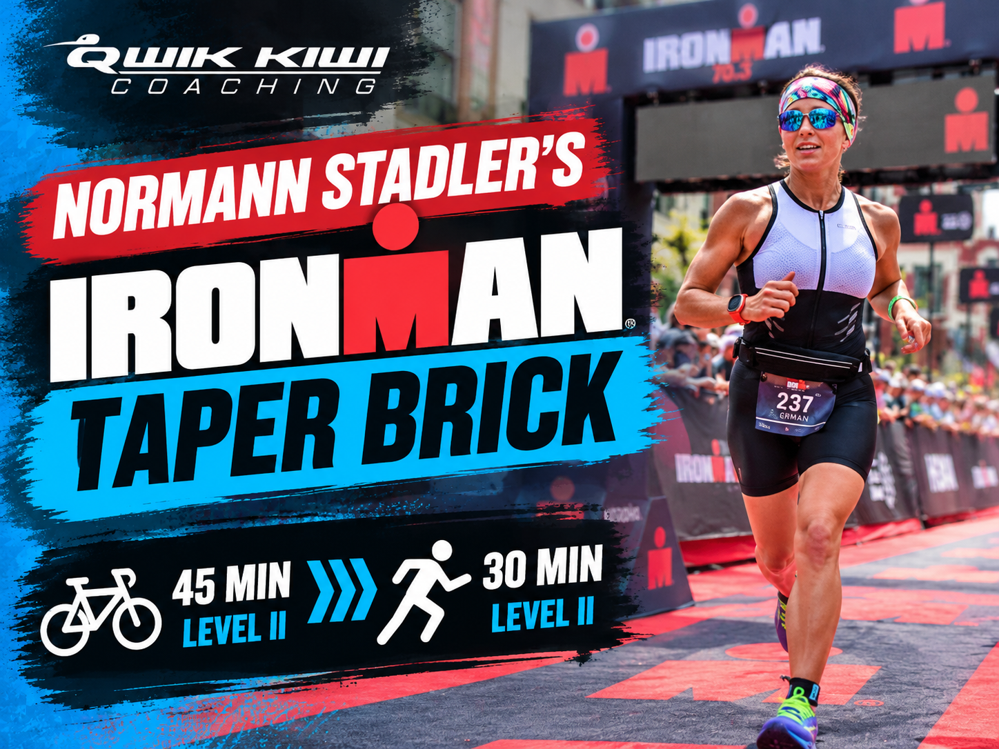 Normann Stadler’s Ironman Taper Brick workout featuring Koren running at an Ironman 70.3 event, with 45 minutes cycling and 30 minutes running at Level II.
