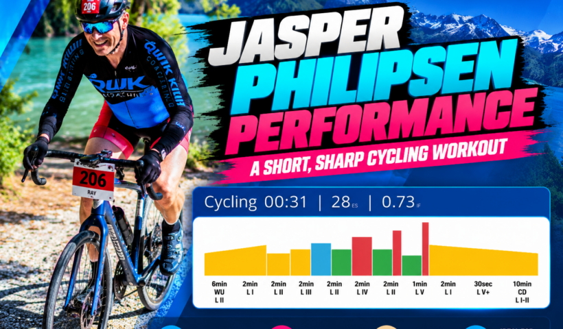 Coach Ray cycling beside a lake with Jasper Philipsen Performance indoor cycling workout title and intensity chart