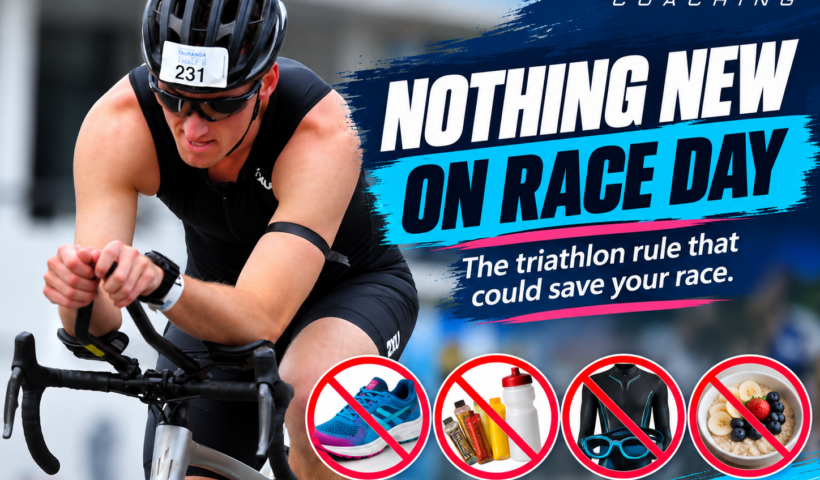 Triathlete Harrison cycling in an aero position during a race, featured in Coach Ray's Nothing New on Race Day triathlon tips article.
