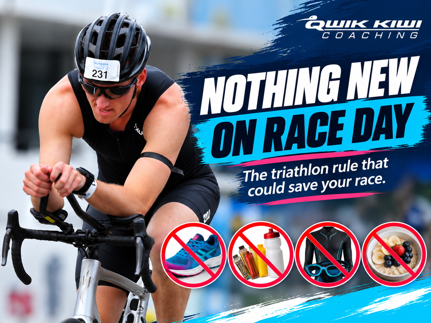 Triathlete Harrison cycling in an aero position during a race, featured in Coach Ray's Nothing New on Race Day triathlon tips article.