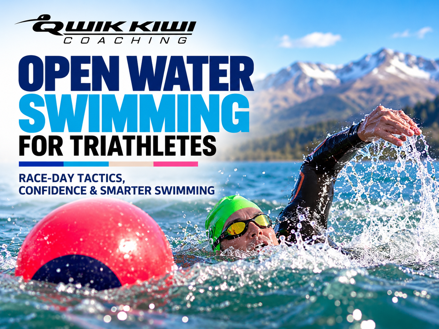 Open water swimming for triathletes – swimmer navigating a turning buoy, illustrating race-day tactics, sighting and confidence.