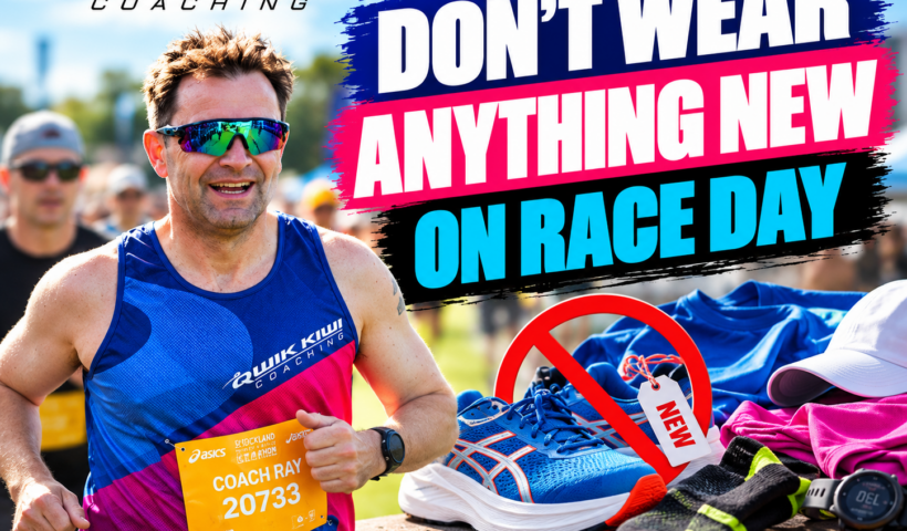 Coach Ray running the Auckland Marathon with Qwik Kiwi Coaching graphics reminding runners not to wear new shoes or clothing on marathon race day.