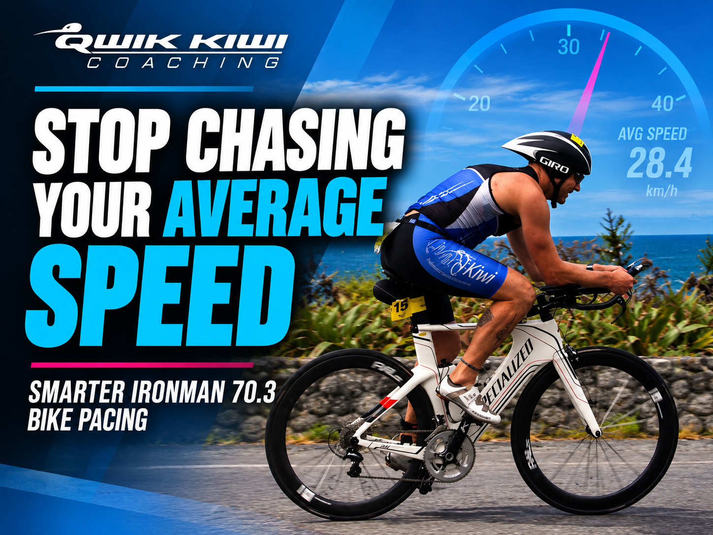 Ironman 70.3 athlete cycling on a triathlon bike with Stop Chasing Your Average Speed message about smarter bike pacing.