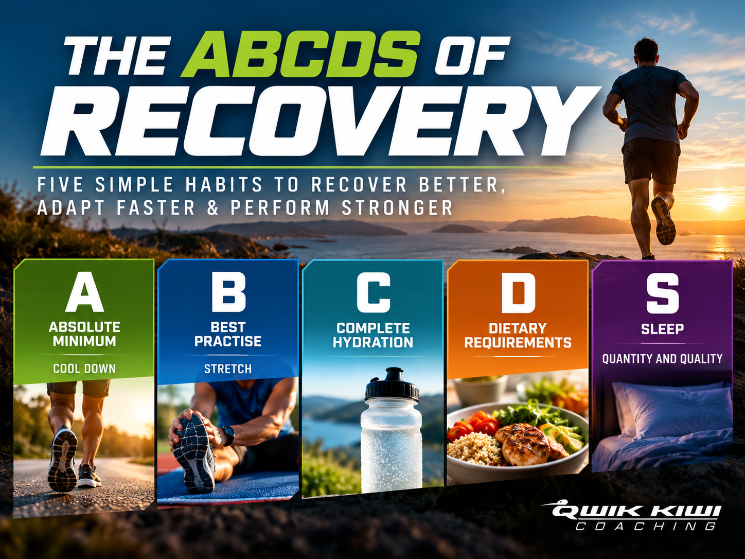The ABCDS of Recovery framework by Coach Ray, showing cool-down, stretching, hydration, dietary requirements and sleep for endurance athletes.
