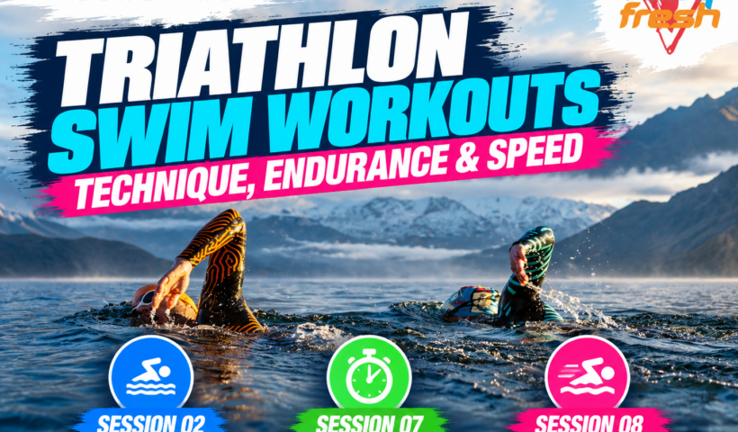 Two triathletes swimming freestyle in a mountain lake, promoting triathlon swim workouts for technique, Broken 400s and endurance.