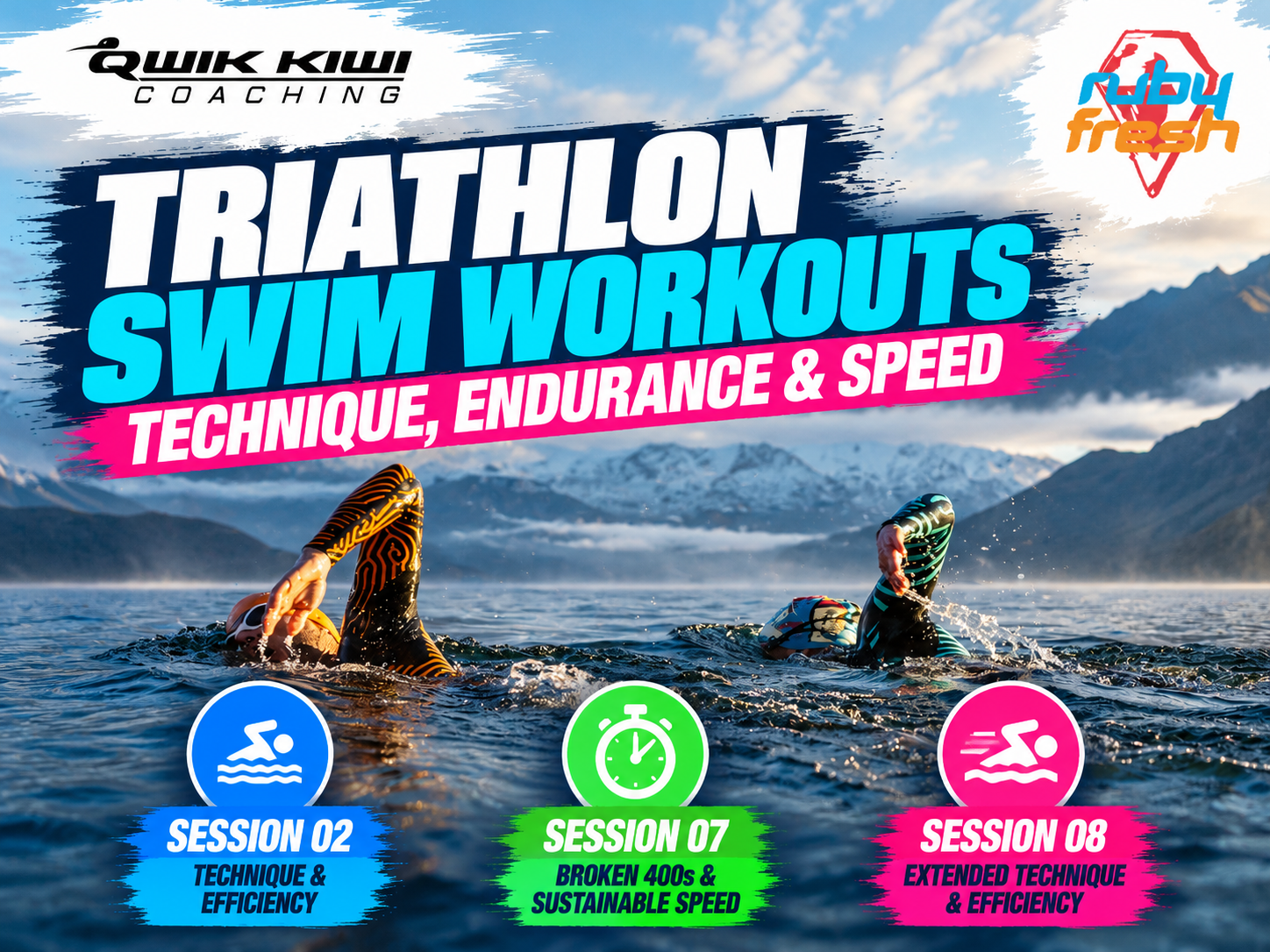 Two triathletes swimming freestyle in a mountain lake, promoting triathlon swim workouts for technique, Broken 400s and endurance.