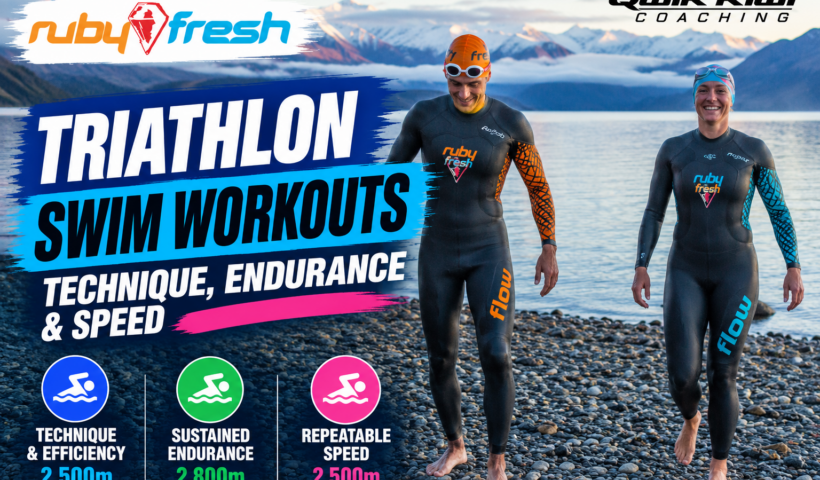 Two triathletes in wetsuits beside an alpine lake, featured in Qwik Kiwi Coaching's three triathlon swim workouts for technique, endurance and speed.