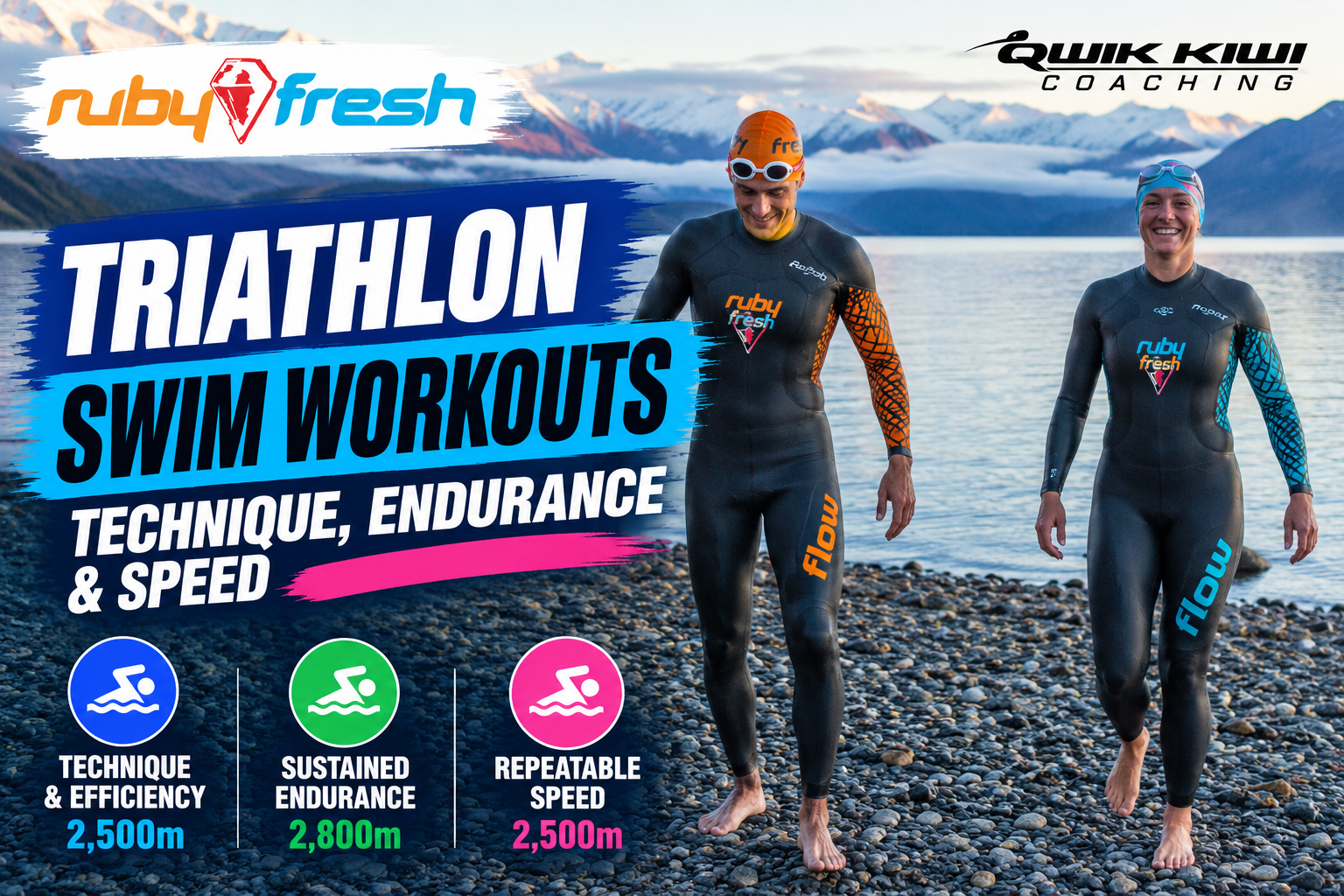Two triathletes in wetsuits beside an alpine lake, featured in Qwik Kiwi Coaching's three triathlon swim workouts for technique, endurance and speed.