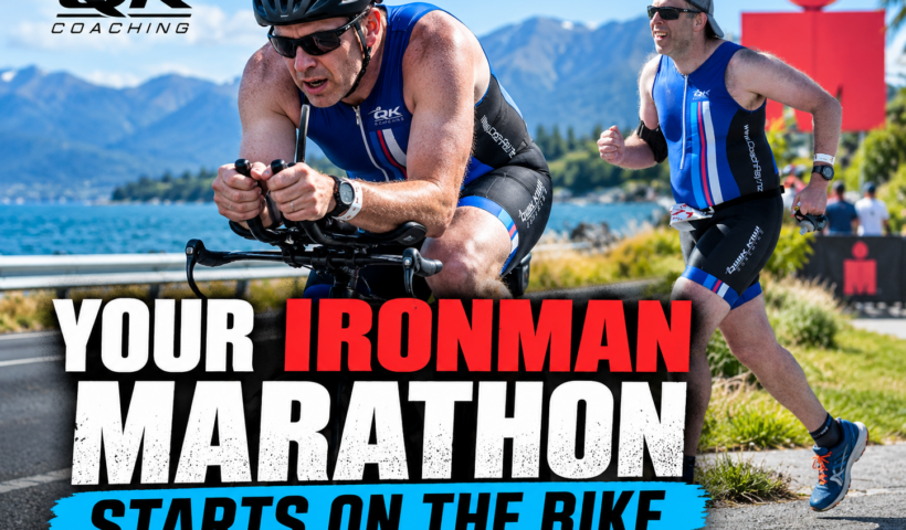 Ironman athlete Gareth cycling and running beside a lake, illustrating how smart bike pacing leads to a stronger Ironman marathon.