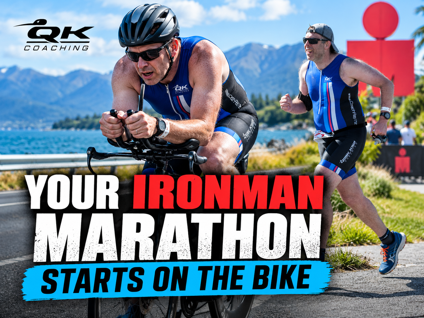 Ironman athlete Gareth cycling and running beside a lake, illustrating how smart bike pacing leads to a stronger Ironman marathon.