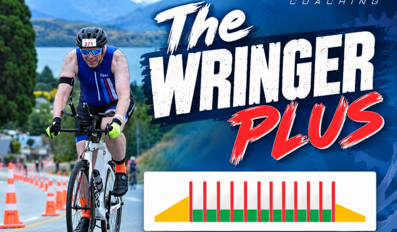 The Wringer Plus high-intensity cycling workout featuring Gareth riding and a 12-interval training chart from Qwik Kiwi Coaching.