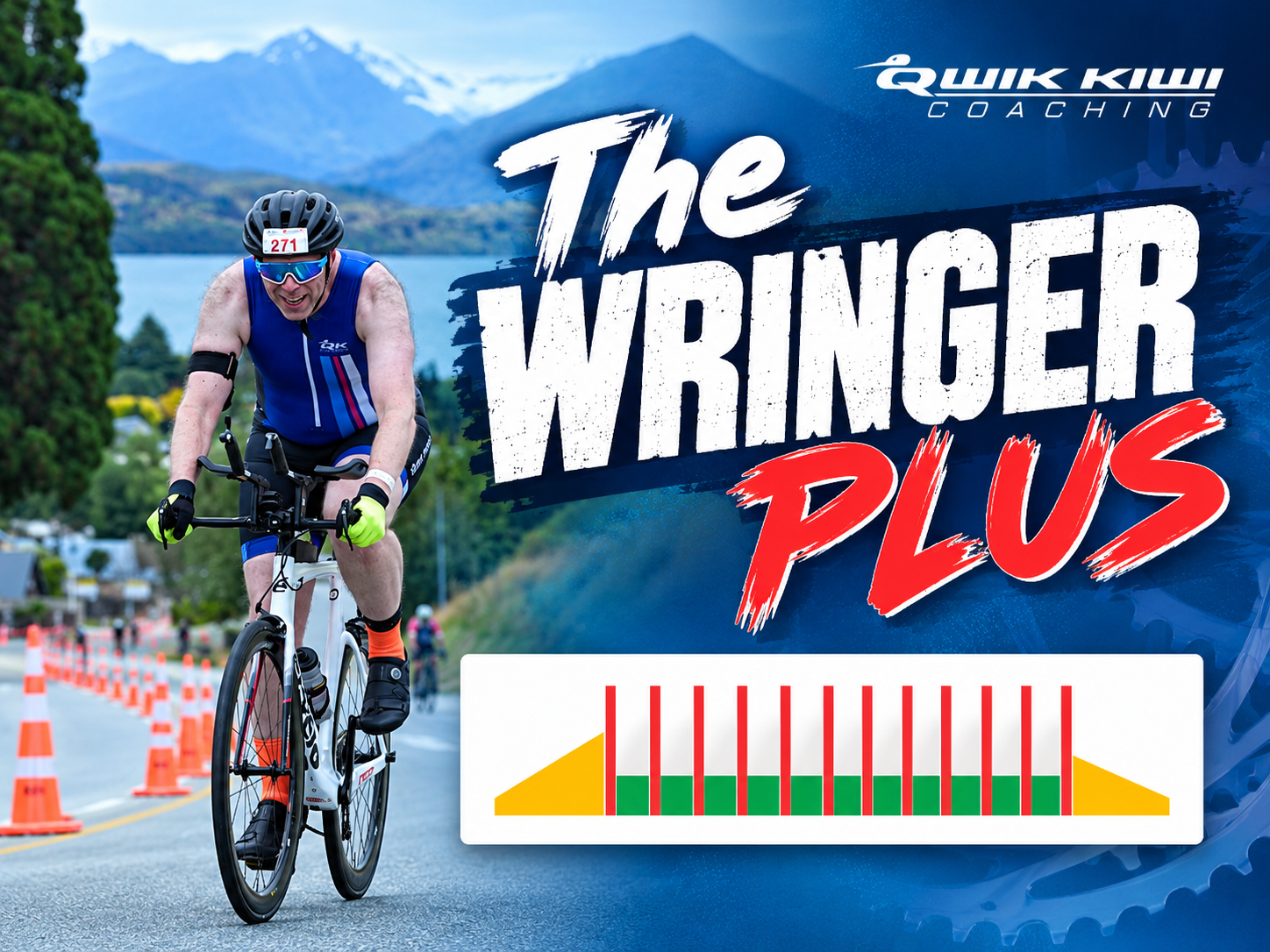 The Wringer Plus high-intensity cycling workout featuring Gareth riding and a 12-interval training chart from Qwik Kiwi Coaching.